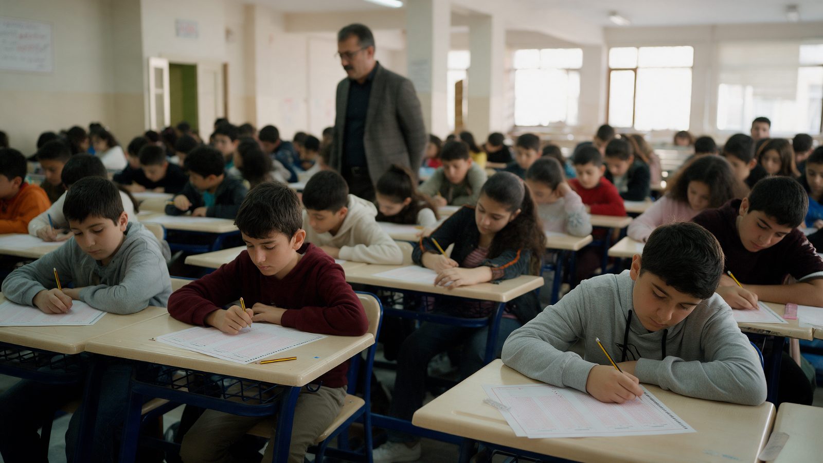Pazar sabahı aydınlık bir salonda optik formla sınava giren ortaokul öğrencileri