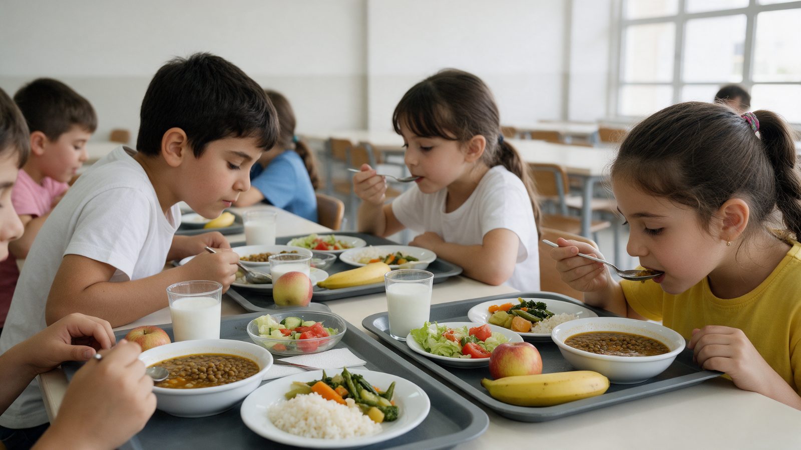 Okul yemekhanesinde tepsilerinde mercimek çorbası, pilav, sebze, salata ve meyve bulunan öğrenciler