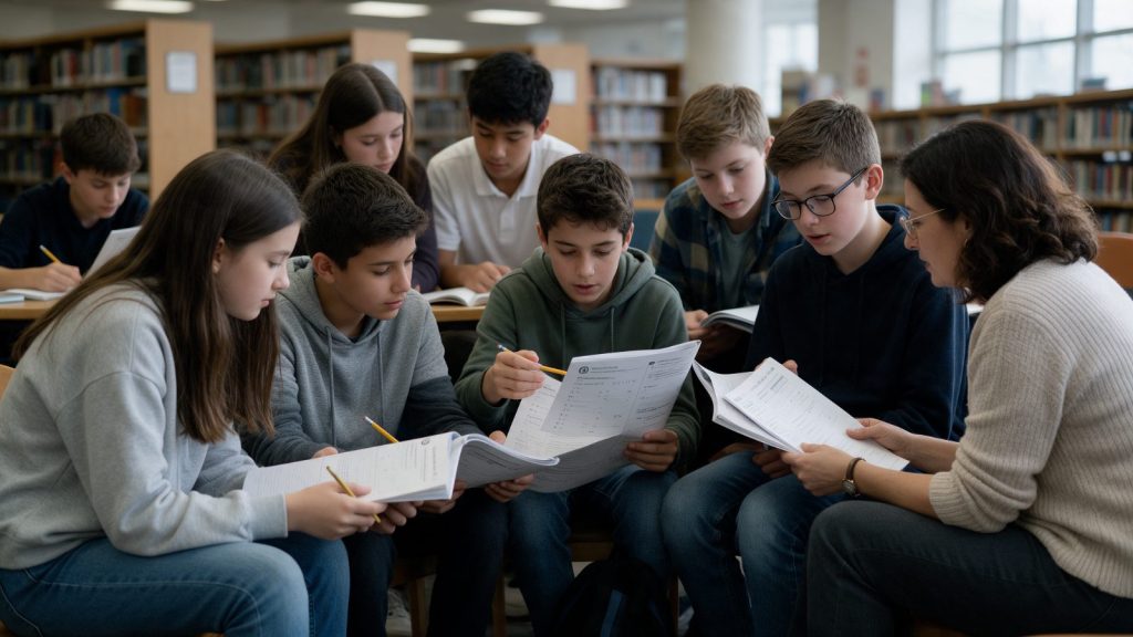 Ortaokul öğrencileri birlikte ders çalışıyor